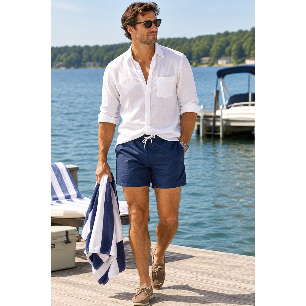 Sid Mashburn Swim Trunks M 34 Navy 4" inseam Nylon Drawstring Retro Beach Shorts